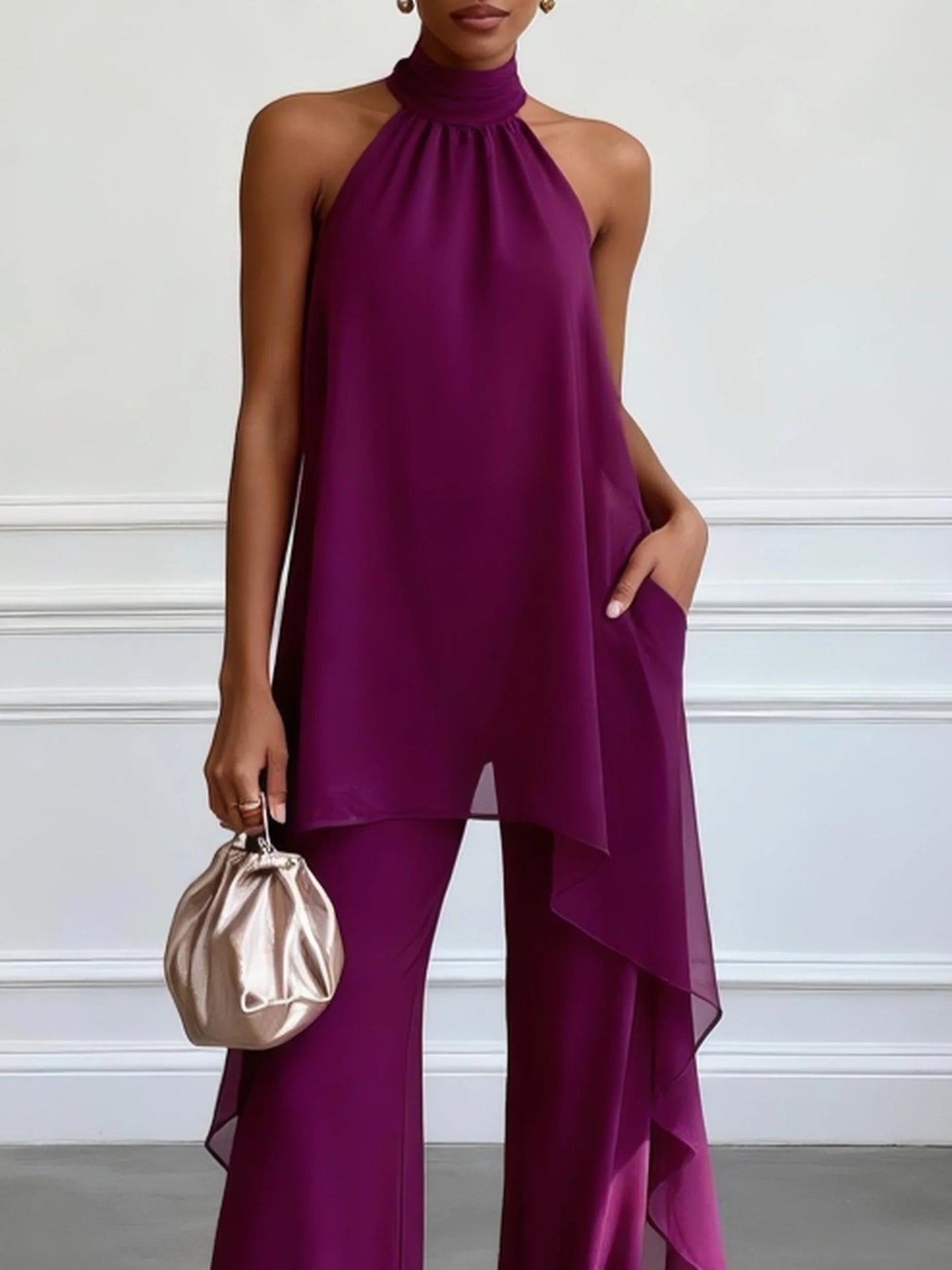 Bianca | Elegante Conjunto de Dos Piezas Violeta con Top Halter y Pantalones