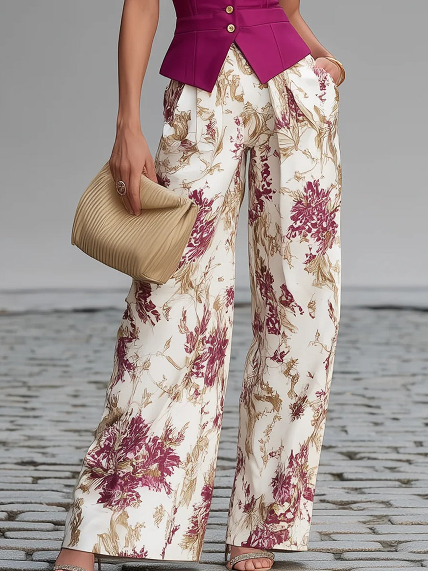 Gaia | Conjunto Completo con Chaleco Sin Mangas y Pantalones Florales de Pierna Ancha