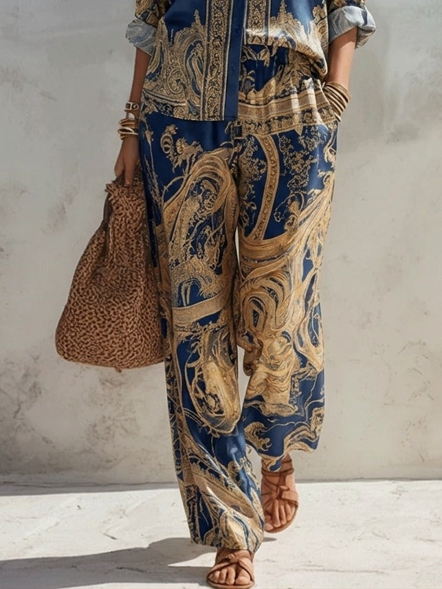 Antonella | Conjunto de Dos Piezas con Estampado Barroco Azul Marino