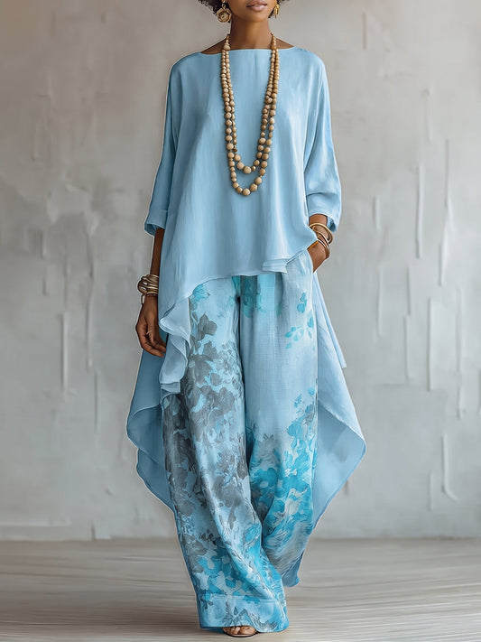 Rosalía | Conjunto Completo con Top Asimétrico en Chifón y Pantalones Florales de Pierna Ancha