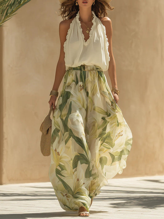 Azzurra | Conjunto con Top Volante en Chiffon y Pantalones con Estampado de Lirios