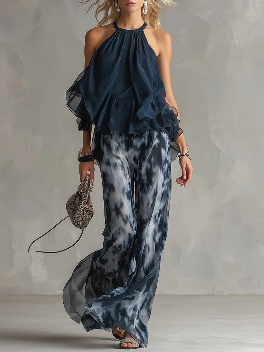 Fiorella | Conjunto Completo con Top Halter en Chiffon y Pantalones Estampados de Pierna Ancha