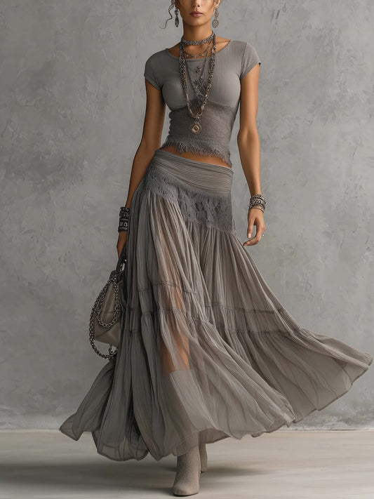 Daniela | Completo con Top Transparente en Encaje y Falda Maxi Plisada
