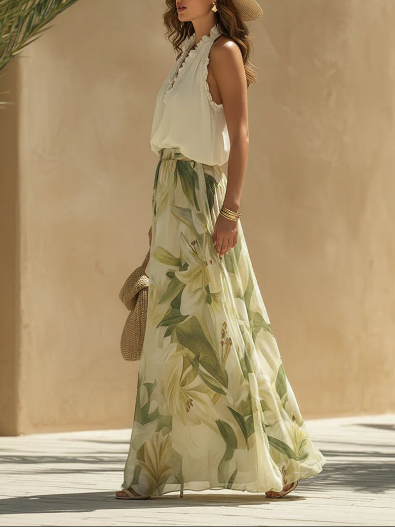 Melissa | Conjunto de Vacaciones con Top Volante en Chiffon y Pantalones con Estampado de Lirios
