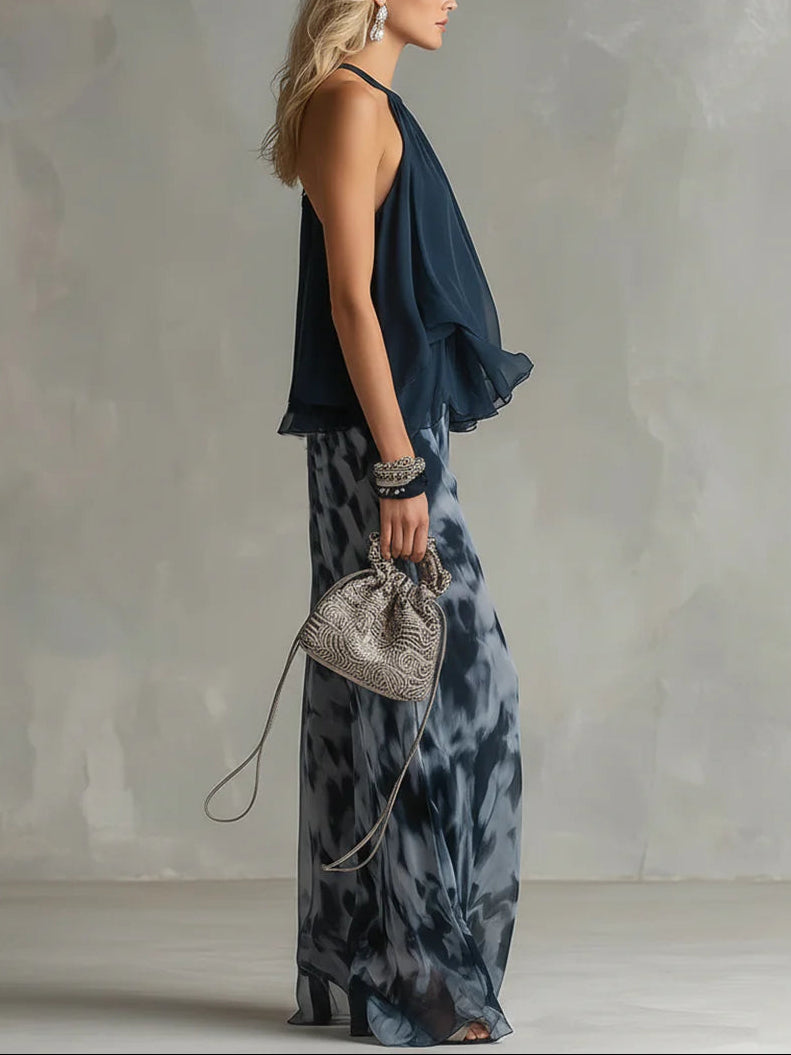 Fiorella | Conjunto Completo con Top Halter en Chiffon y Pantalones Estampados de Pierna Ancha