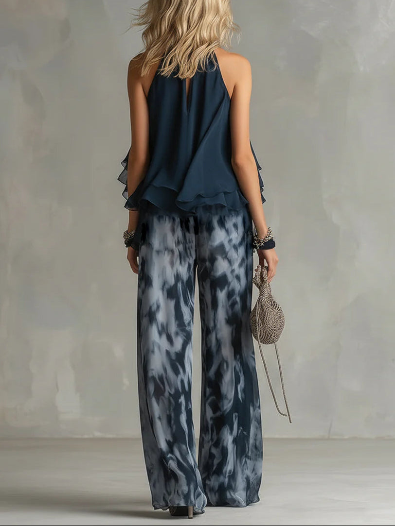 Fiorella | Conjunto Completo con Top Halter en Chiffon y Pantalones Estampados de Pierna Ancha