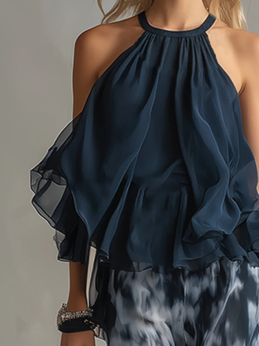 Fiorella | Conjunto Completo con Top Halter en Chiffon y Pantalones Estampados de Pierna Ancha