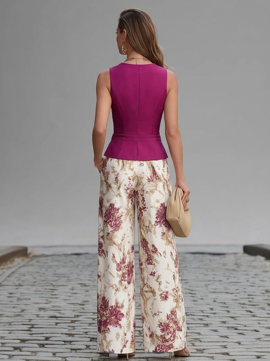 Gaia | Conjunto Completo con Chaleco Sin Mangas y Pantalones Florales de Pierna Ancha