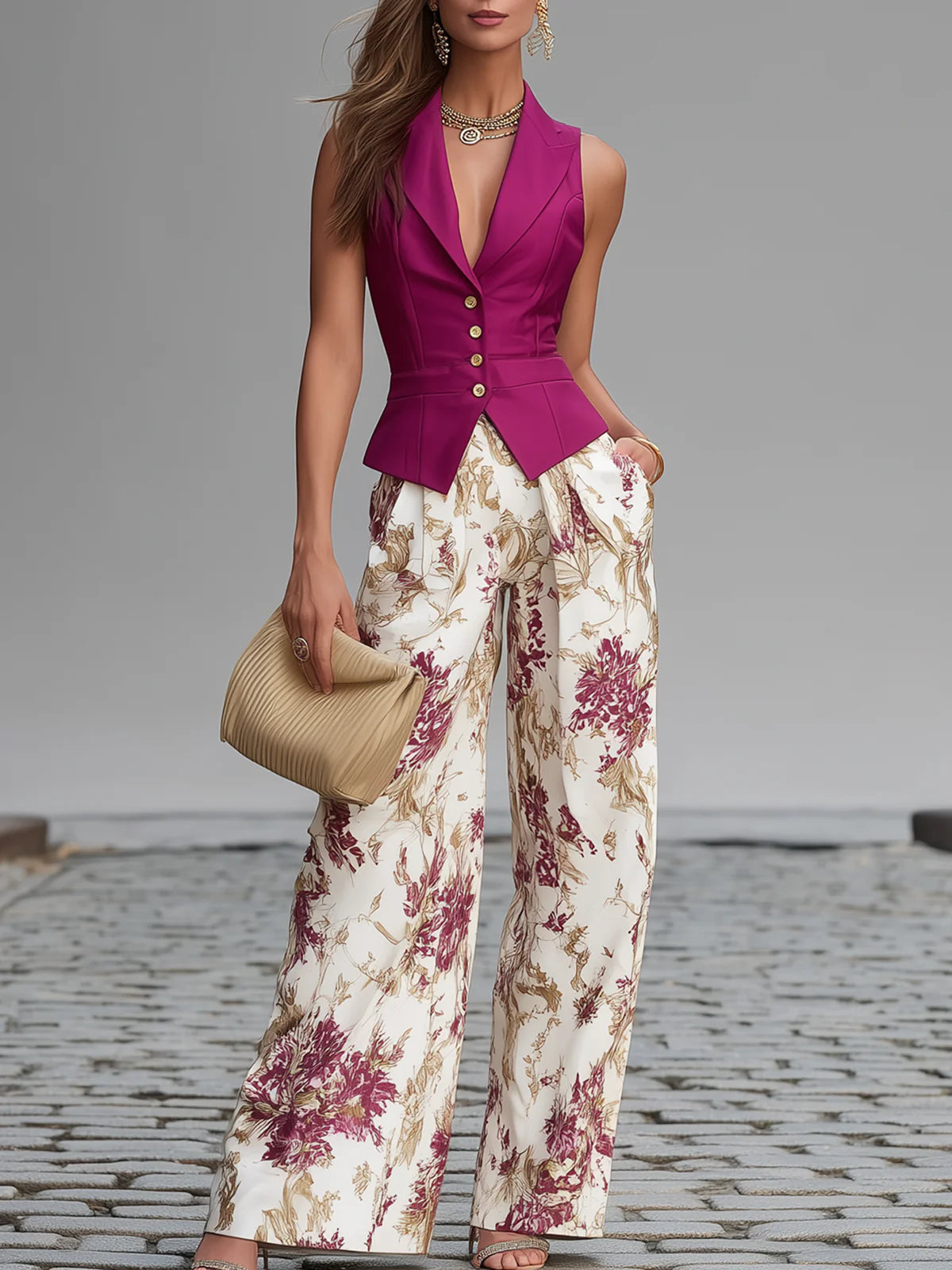 Raffaella | Completo con Gilet Rosa Cipria e Pantaloni Floreali a Gamba Larga