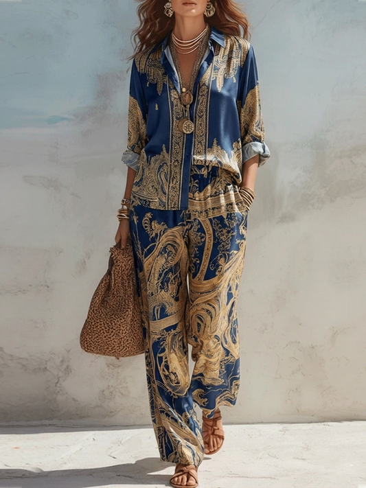 Antonella | Conjunto de Dos Piezas con Estampado Barroco Azul Marino