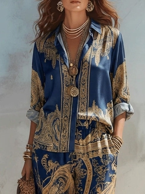Antonella | Conjunto de Dos Piezas con Estampado Barroco Azul Marino