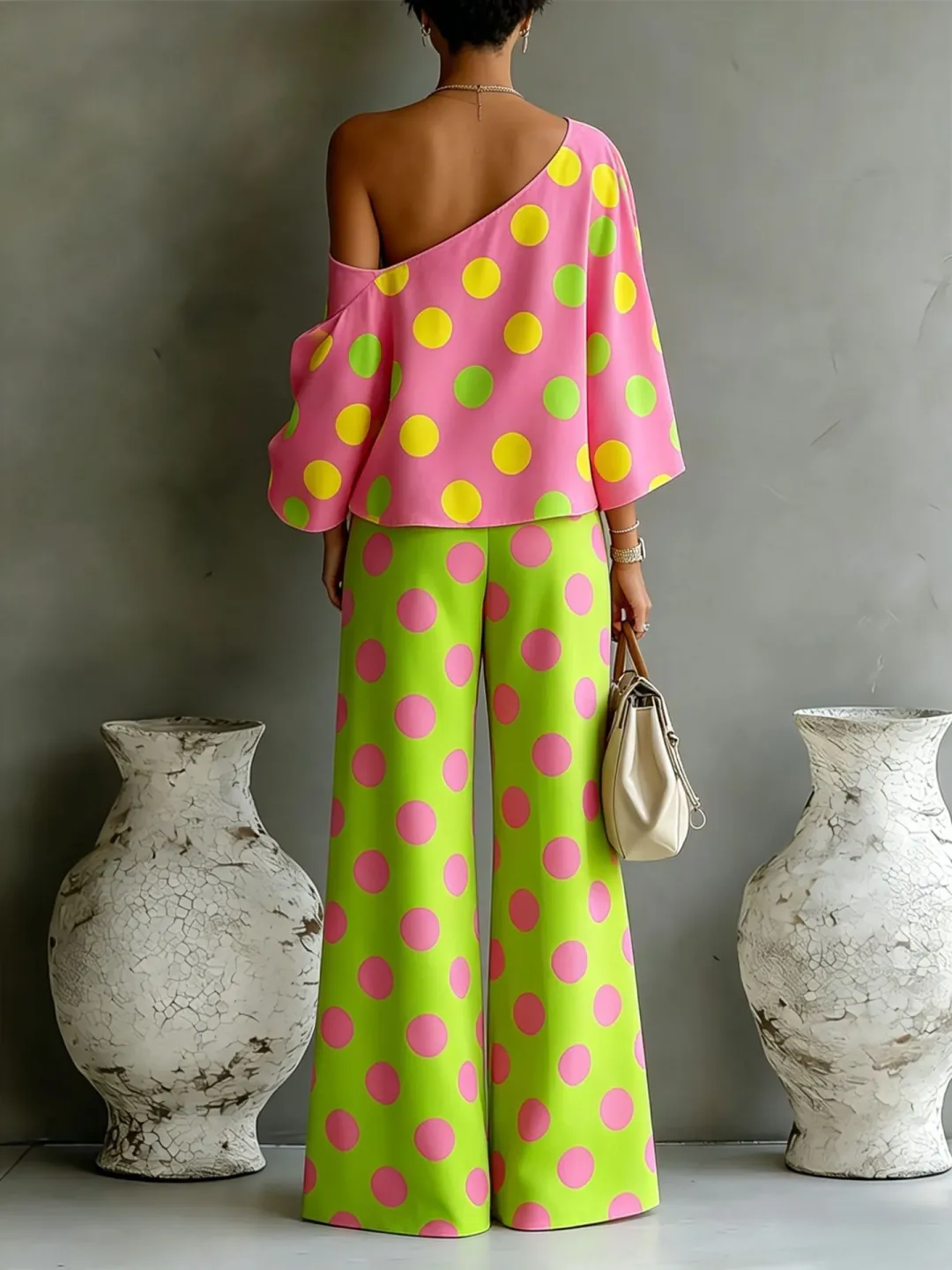 Donatella | Conjunto Completo con Top de Hombros Descubiertos y Pantalones Anchos de Satén