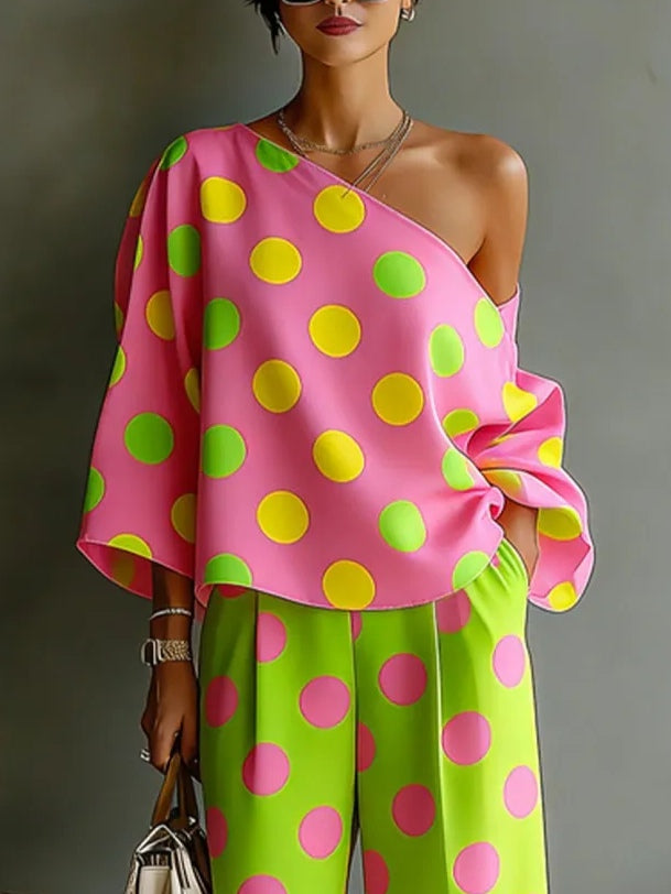 Donatella | Conjunto Completo con Top de Hombros Descubiertos y Pantalones Anchos de Satén