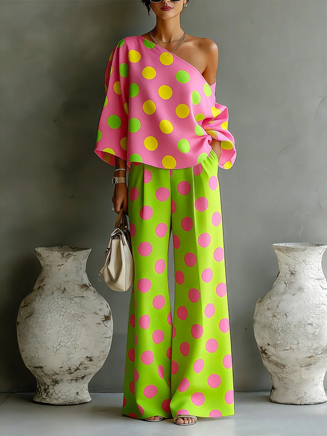 Donatella | Conjunto Completo con Top de Hombros Descubiertos y Pantalones Anchos de Satén