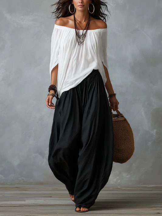 Nicole | Conjunto Completo con Top de Hombros Descubiertos y Pantalones Lantern