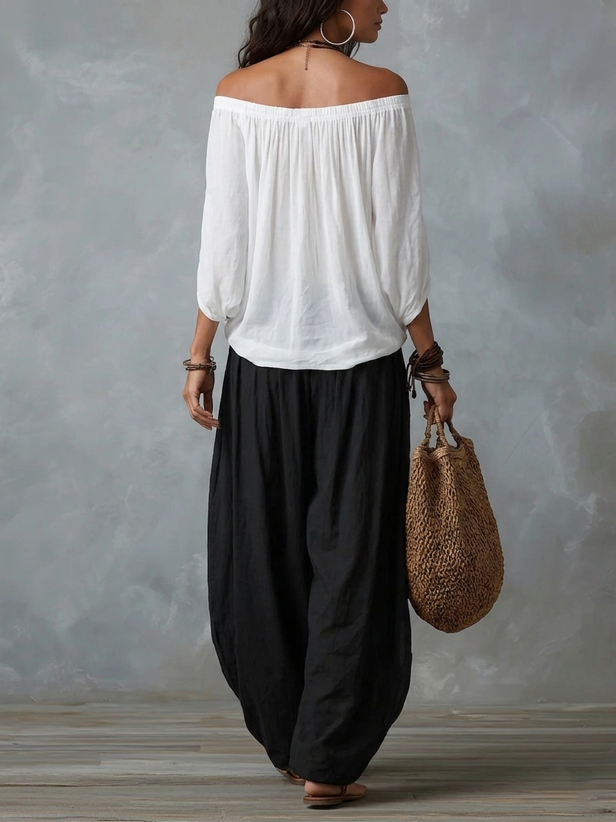Nicole | Conjunto Completo con Top de Hombros Descubiertos y Pantalones Lantern