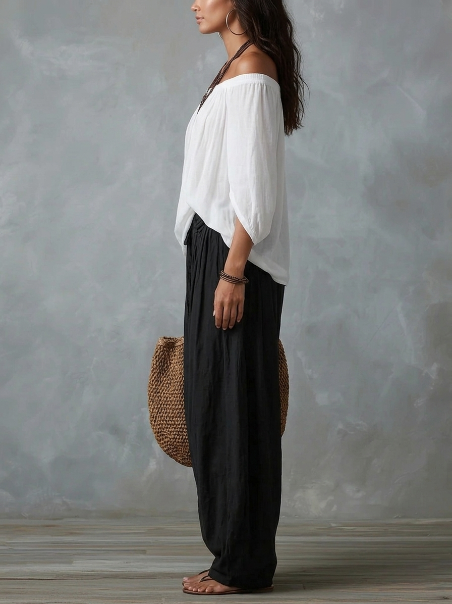 Nicole | Conjunto Completo con Top de Hombros Descubiertos y Pantalones Lantern