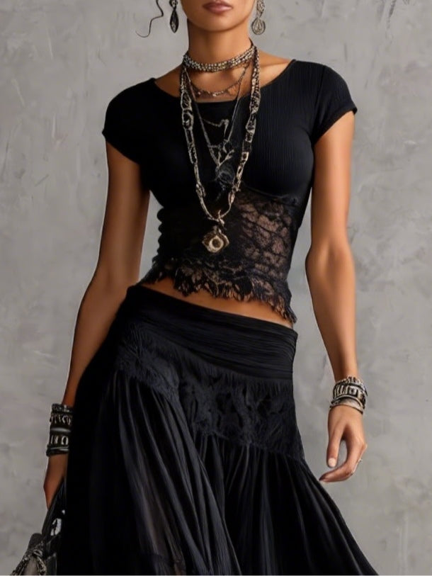 Rebecca | Conjunto Completo con Top de Encaje y Falda Maxi Plisada de Chiffon