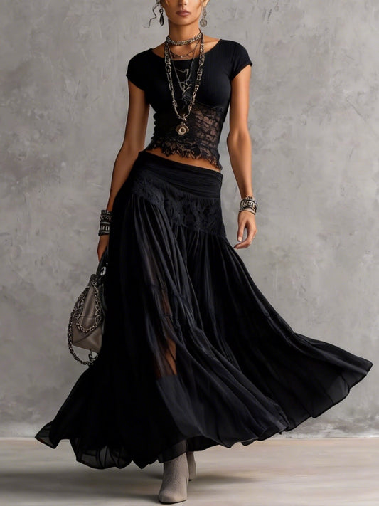 Rebecca | Conjunto Completo con Top de Encaje y Falda Maxi Plisada de Chiffon