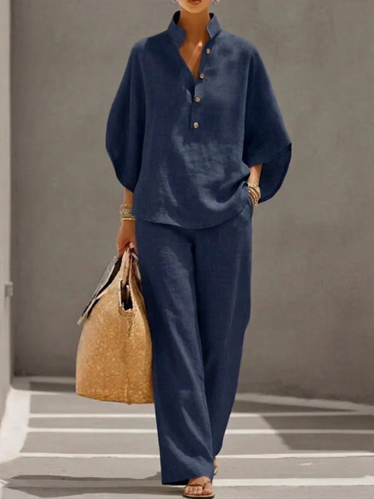 Maribel™ | Conjunto de Lino con Mangas Murciélago y Pantalón Ancho