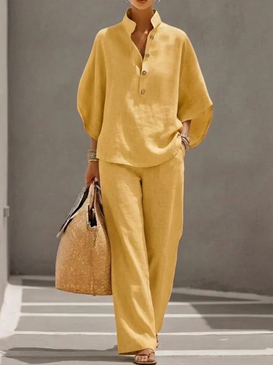 Maribel™ | Conjunto de Lino con Mangas Murciélago y Pantalón Ancho