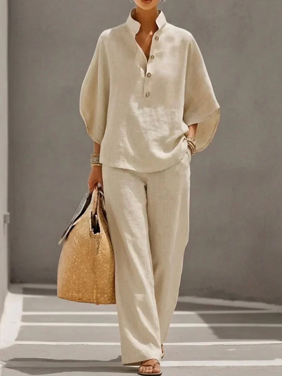 Maribel™ | Conjunto de Lino con Mangas Murciélago y Pantalón Ancho